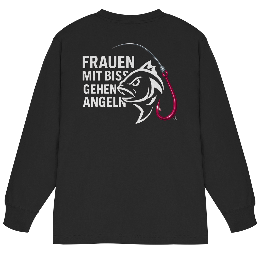 T-Shirt für starke Frauen "Frauen mit Biss, gehen angeln" Vorne/hinten Druck  - Organic Heavy Oversized Longsleeve T-Shirt