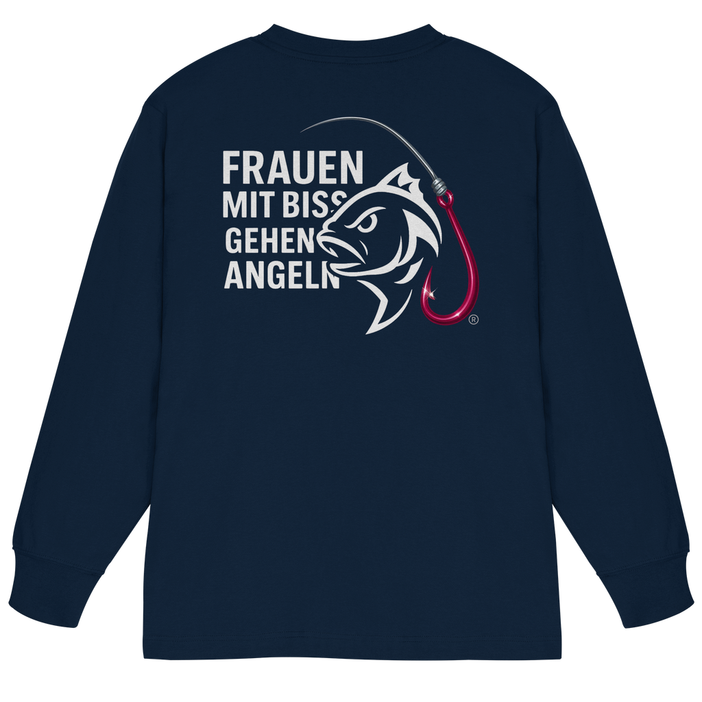 T-Shirt für starke Frauen "Frauen mit Biss, gehen angeln" Vorne/hinten Druck  - Organic Heavy Oversized Longsleeve T-Shirt