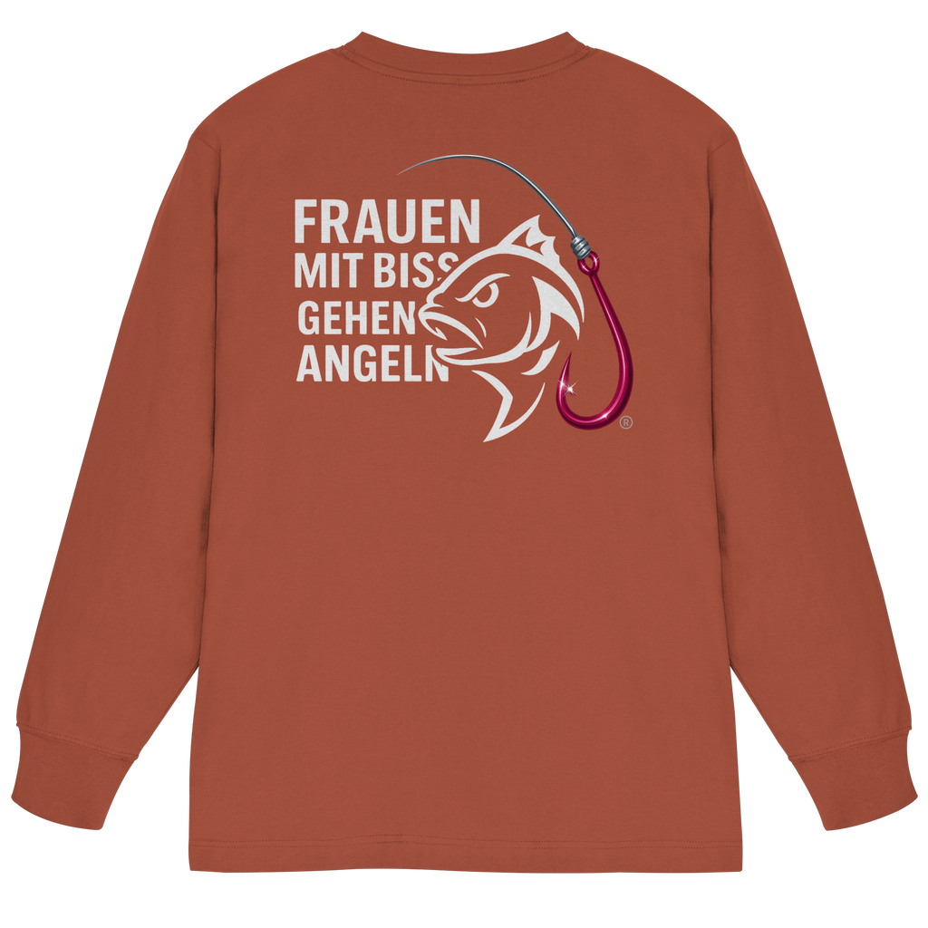 T-Shirt für starke Frauen "Frauen mit Biss, gehen angeln" Vorne/hinten Druck  - Organic Heavy Oversized Longsleeve T-Shirt