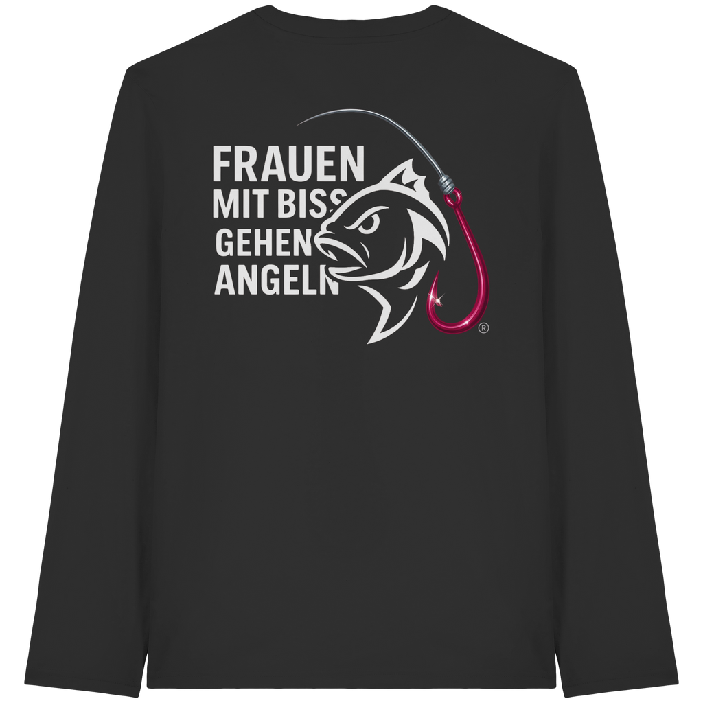 Shirt für starke Frauen "Frauen mit Biss, gehen angeln" Vorne/hinten Druck  - Organic Longsleeve T-Shirt