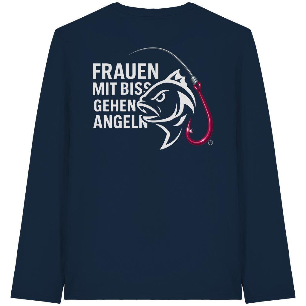 Shirt für starke Frauen "Frauen mit Biss, gehen angeln" Vorne/hinten Druck  - Organic Longsleeve T-Shirt