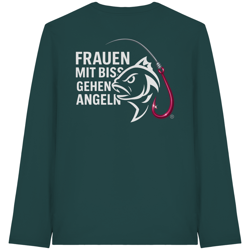 Shirt für starke Frauen "Frauen mit Biss, gehen angeln" Vorne/hinten Druck  - Organic Longsleeve T-Shirt