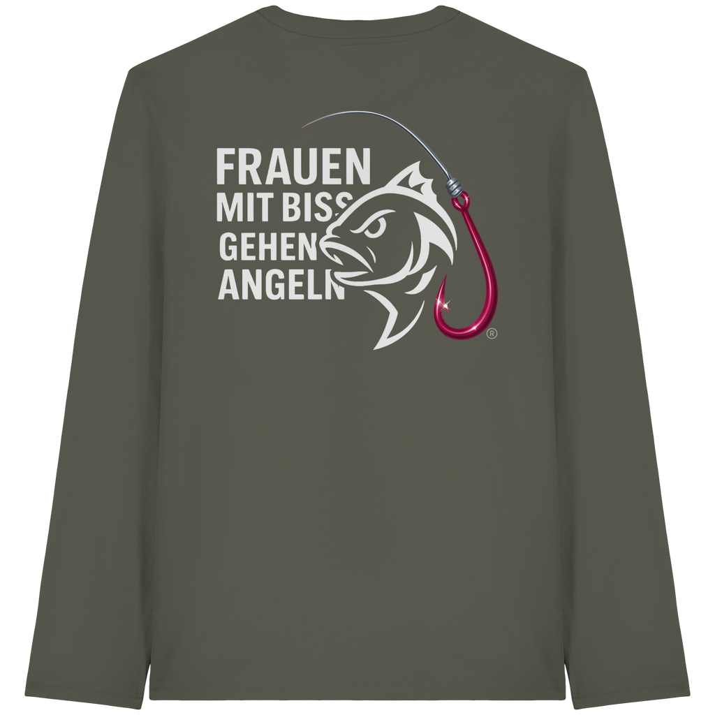 Shirt für starke Frauen "Frauen mit Biss, gehen angeln" Vorne/hinten Druck  - Organic Longsleeve T-Shirt