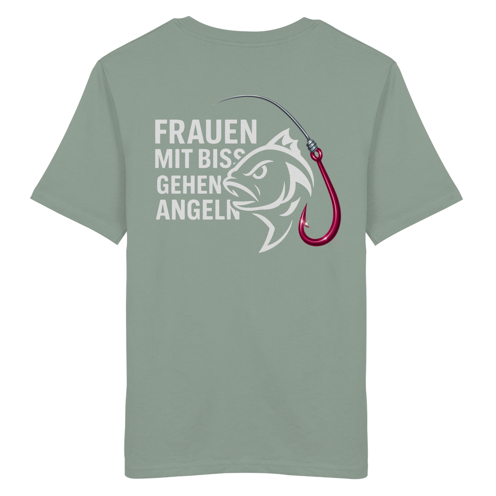 T-Shirt für starke Frauen "Frauen mit Biss, gehen angeln" Vorne/hinten Druck  - Organic Shirt
