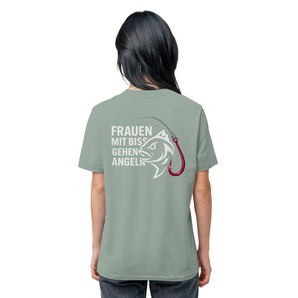 T-Shirt für starke Frauen "Frauen mit Biss, gehen angeln" Vorne/hinten Druck  - Organic Shirt
