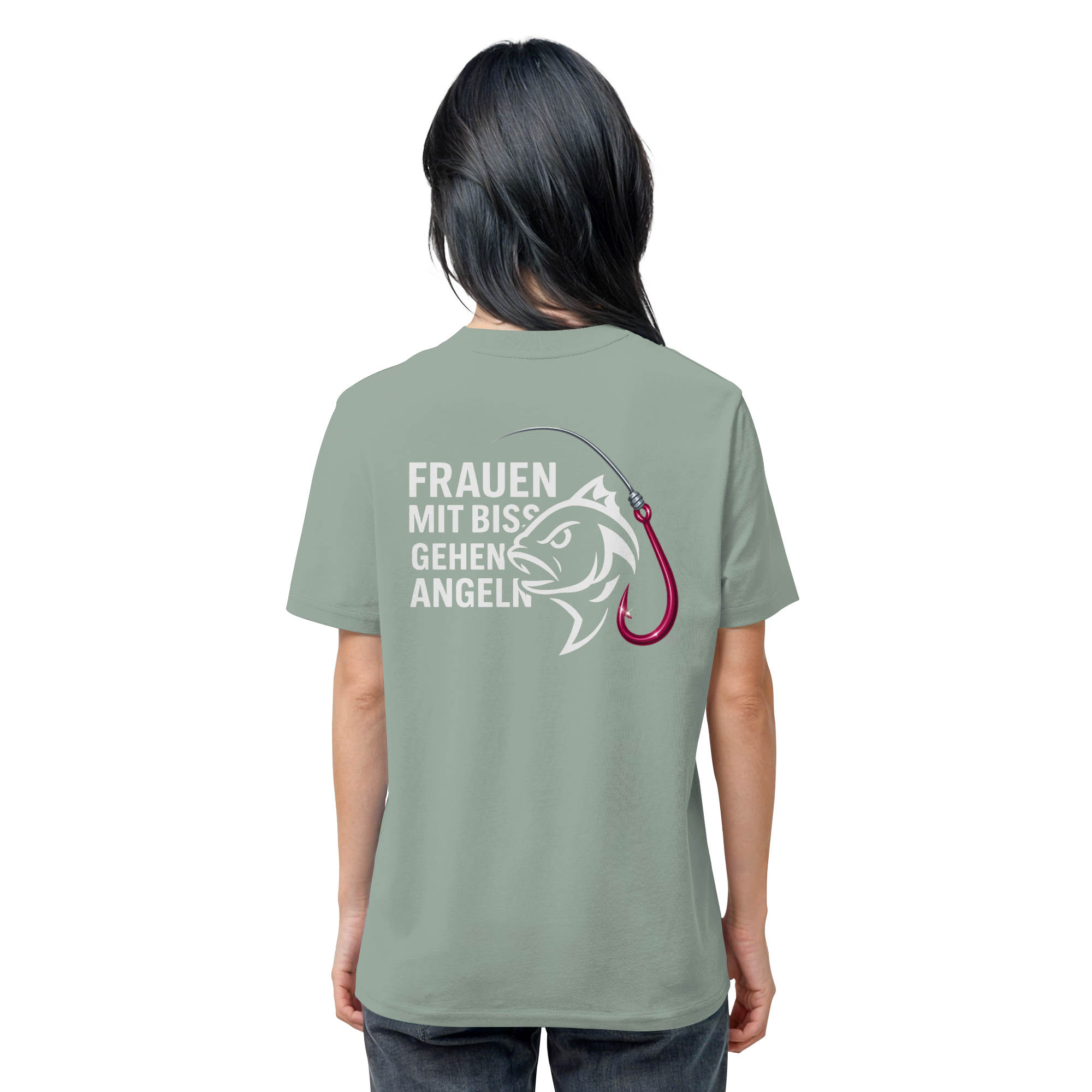 T-Shirt für starke Frauen "Frauen mit Biss, gehen angeln" Vorne/hinten Druck  - Organic Shirt