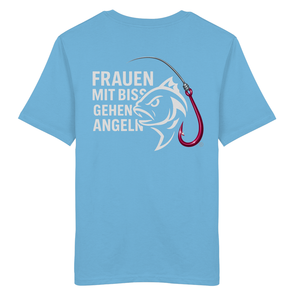 T-Shirt für starke Frauen "Frauen mit Biss, gehen angeln" Vorne/hinten Druck  - Organic Shirt