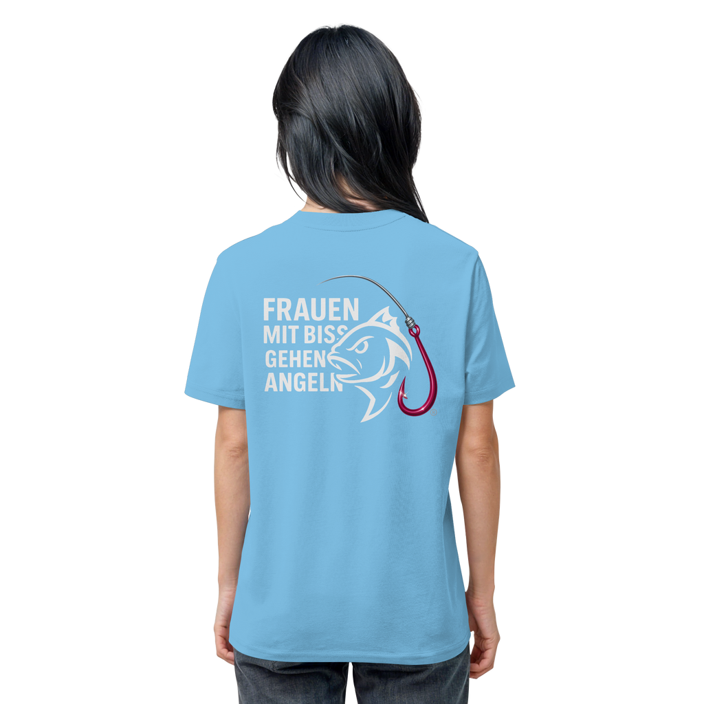 T-Shirt für starke Frauen "Frauen mit Biss, gehen angeln" Vorne/hinten Druck  - Organic Shirt