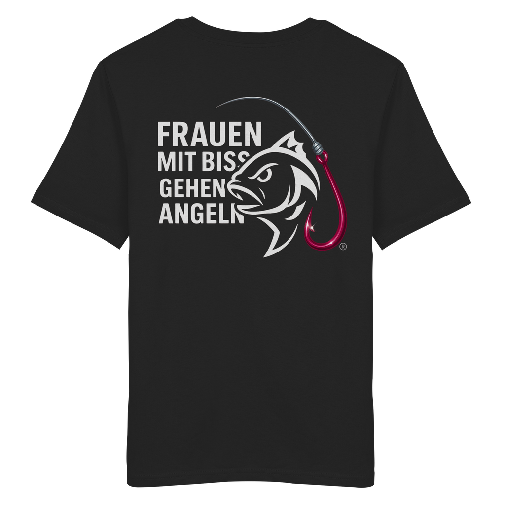T-Shirt für starke Frauen "Frauen mit Biss, gehen angeln" Vorne/hinten Druck  - Organic Shirt