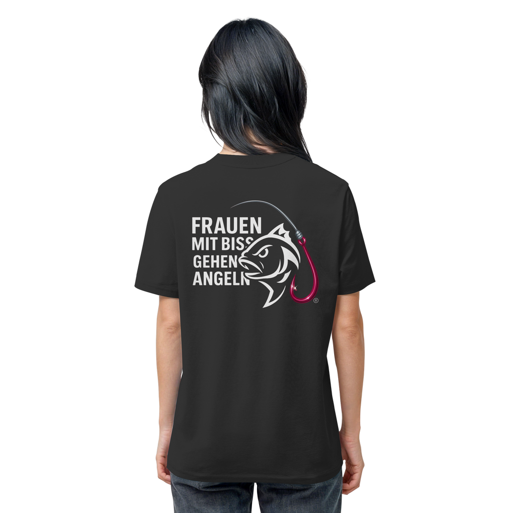 T-Shirt für starke Frauen "Frauen mit Biss, gehen angeln" Vorne/hinten Druck  - Organic Shirt