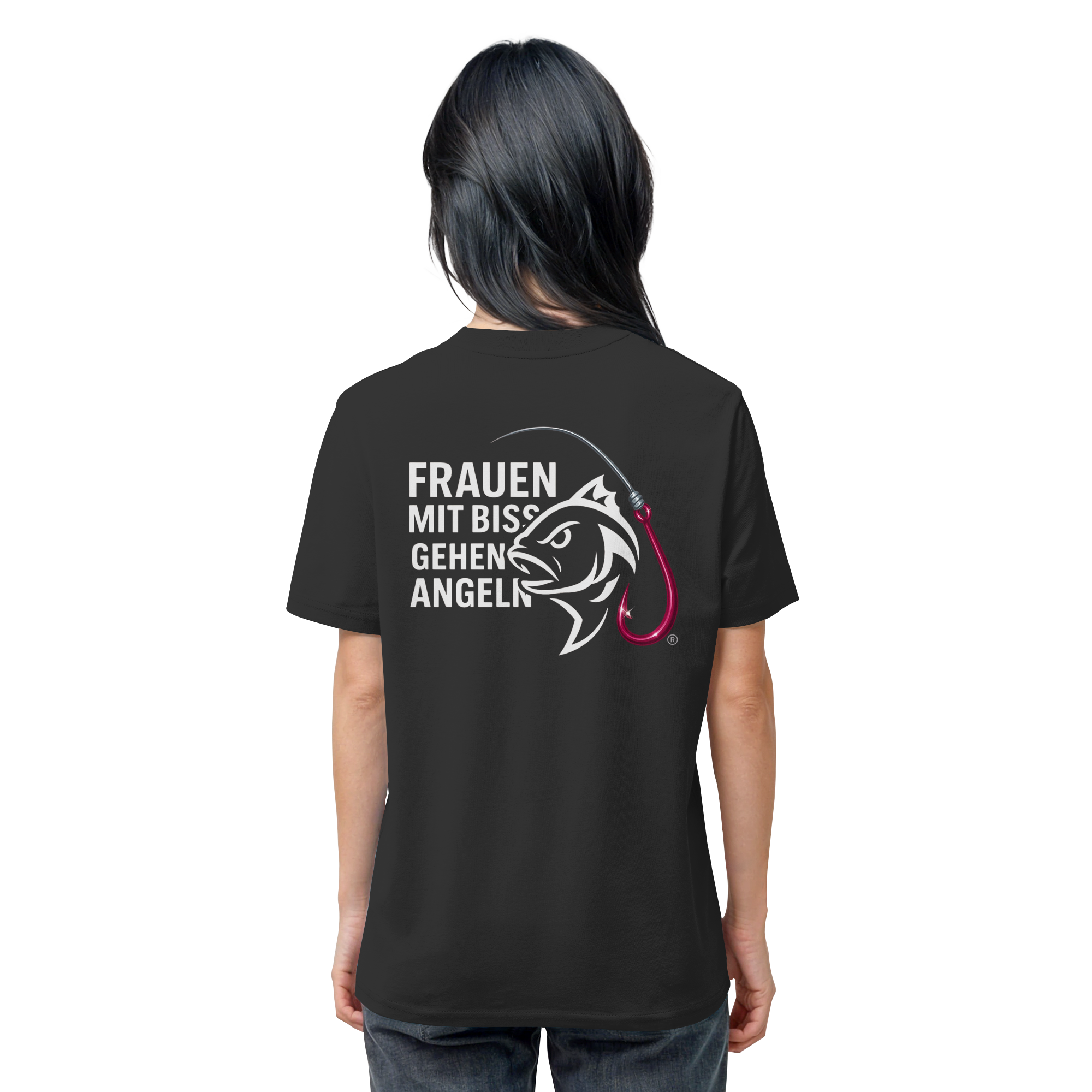 T-Shirt für starke Frauen "Frauen mit Biss, gehen angeln" Vorne/hinten Druck  - Organic Shirt