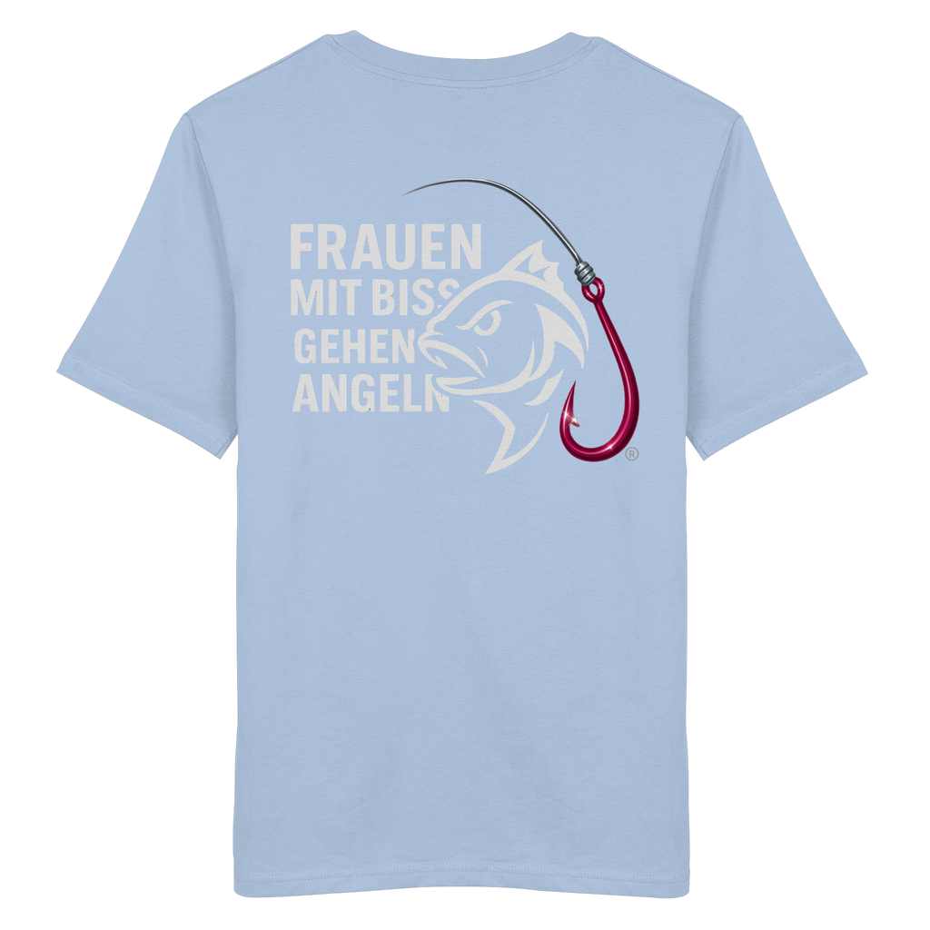 T-Shirt für starke Frauen "Frauen mit Biss, gehen angeln" Vorne/hinten Druck  - Organic Shirt