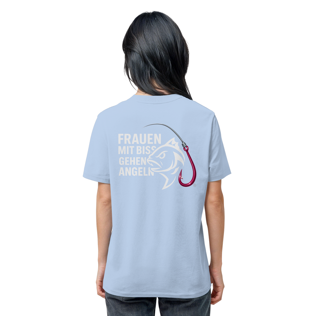 T-Shirt für starke Frauen "Frauen mit Biss, gehen angeln" Vorne/hinten Druck  - Organic Shirt