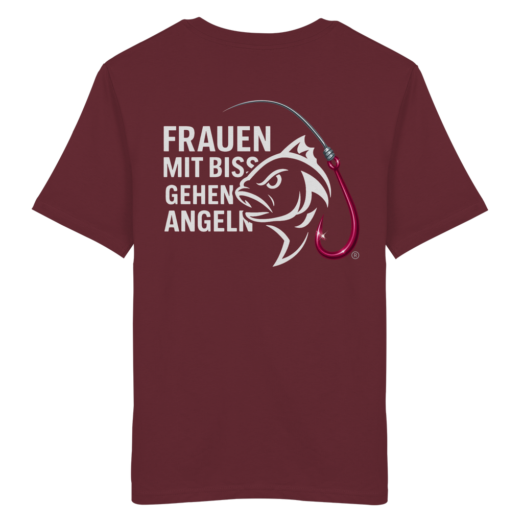 T-Shirt für starke Frauen "Frauen mit Biss, gehen angeln" Vorne/hinten Druck  - Organic Shirt