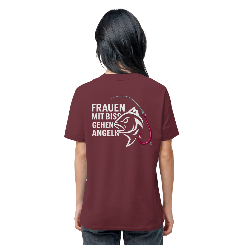 T-Shirt für starke Frauen "Frauen mit Biss, gehen angeln" Vorne/hinten Druck  - Organic Shirt