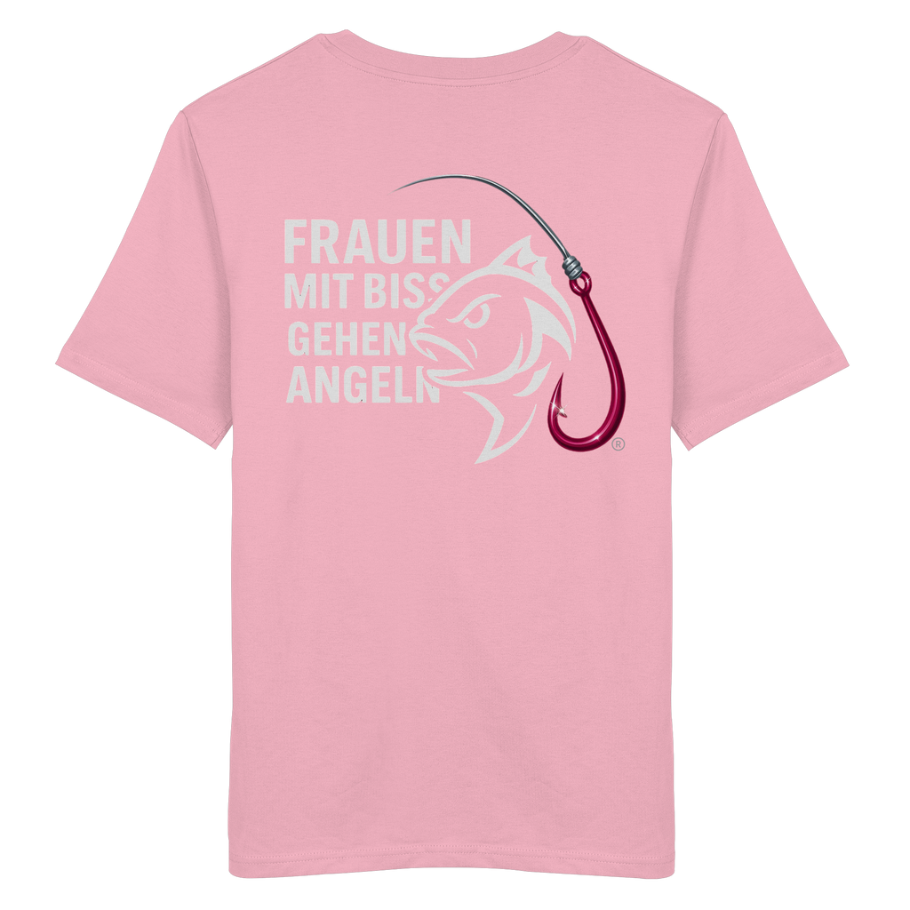 T-Shirt für starke Frauen "Frauen mit Biss, gehen angeln" Vorne/hinten Druck  - Organic Shirt