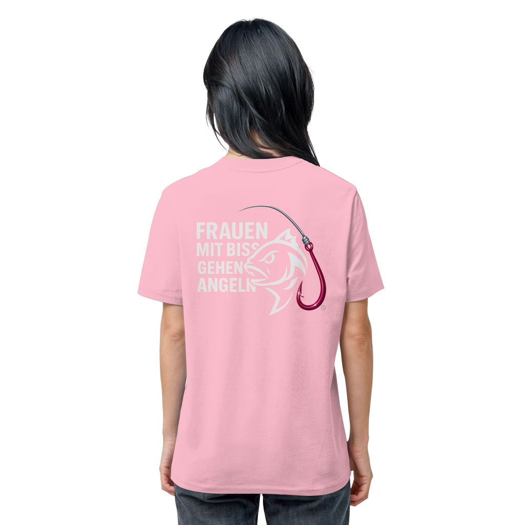 T-Shirt für starke Frauen "Frauen mit Biss, gehen angeln" Vorne/hinten Druck  - Organic Shirt