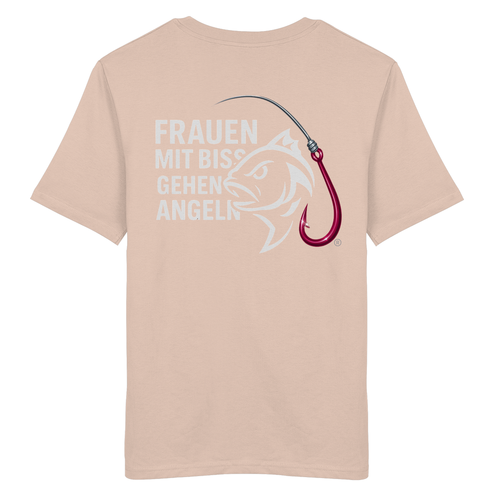 T-Shirt für starke Frauen "Frauen mit Biss, gehen angeln" Vorne/hinten Druck  - Organic Shirt