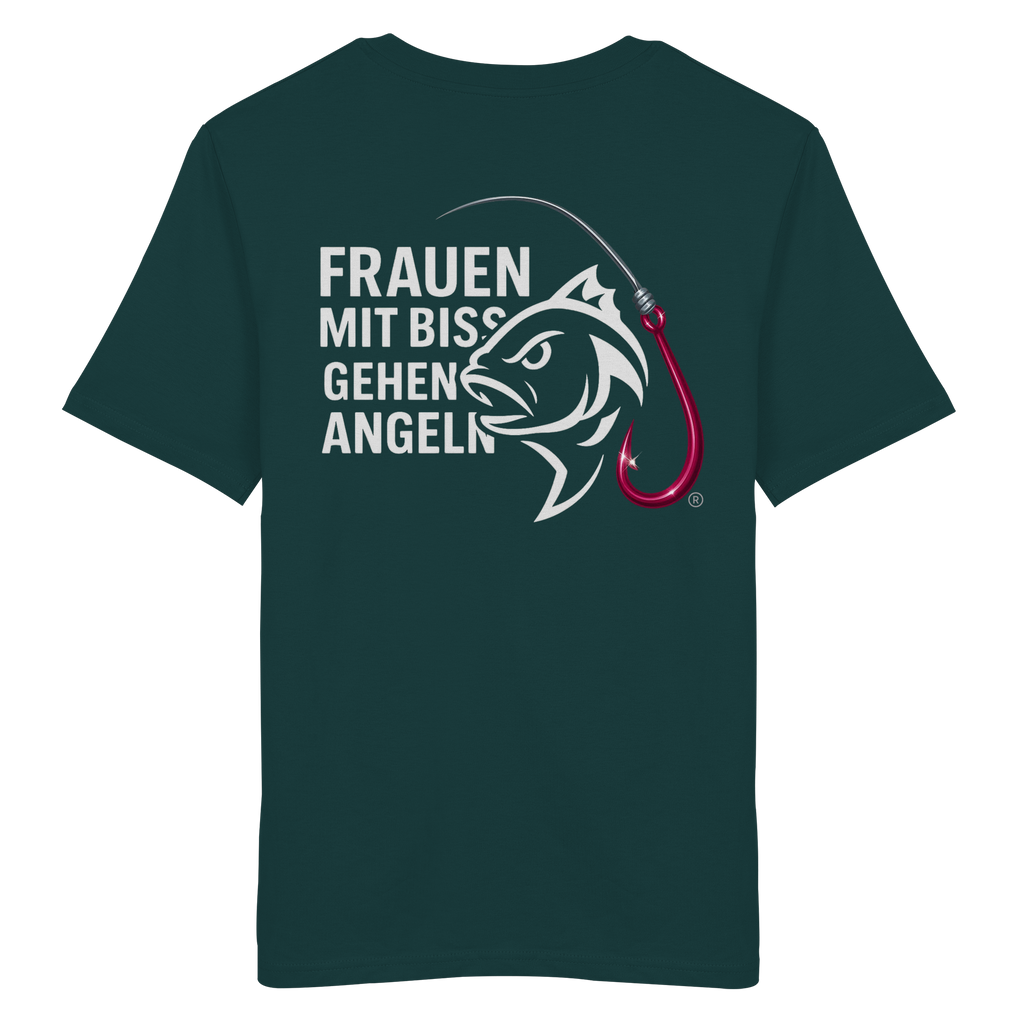 T-Shirt für starke Frauen "Frauen mit Biss, gehen angeln" Vorne/hinten Druck  - Organic Shirt