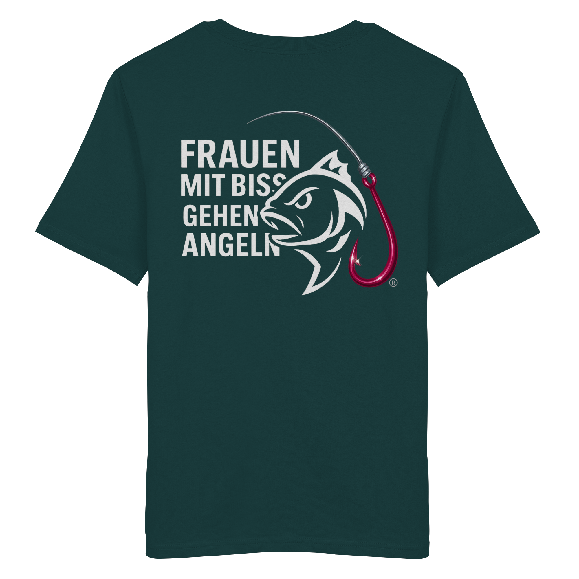 T-Shirt für starke Frauen "Frauen mit Biss, gehen angeln" Vorne/hinten Druck  - Organic Shirt
