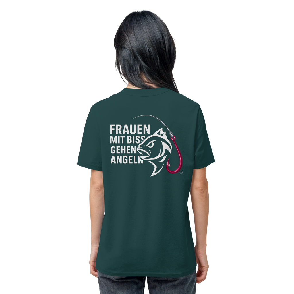 T-Shirt für starke Frauen "Frauen mit Biss, gehen angeln" Vorne/hinten Druck  - Organic Shirt
