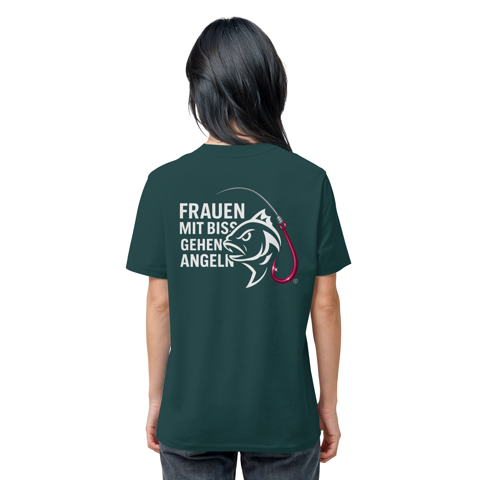 T-Shirt für starke Frauen "Frauen mit Biss, gehen angeln" Vorne/hinten Druck  - Organic Shirt