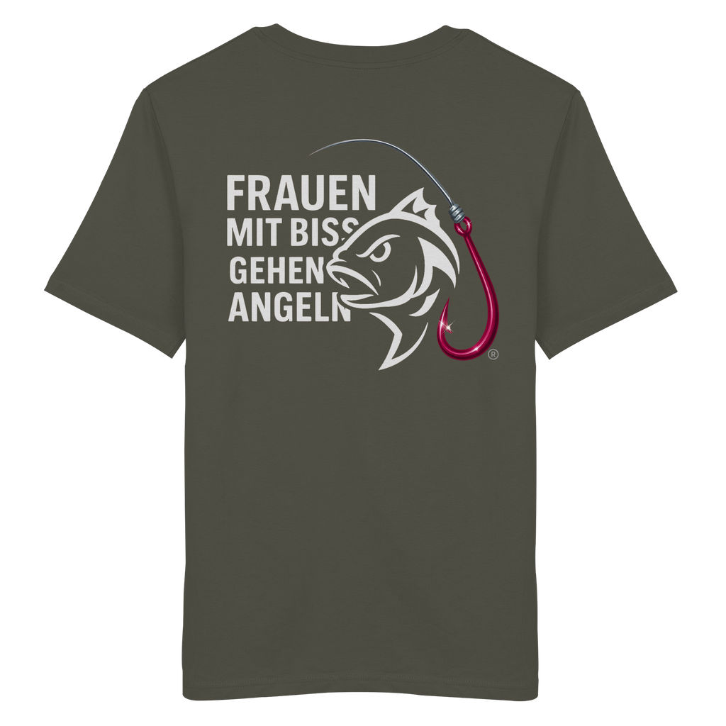 T-Shirt für starke Frauen "Frauen mit Biss, gehen angeln" Vorne/hinten Druck  - Organic Shirt