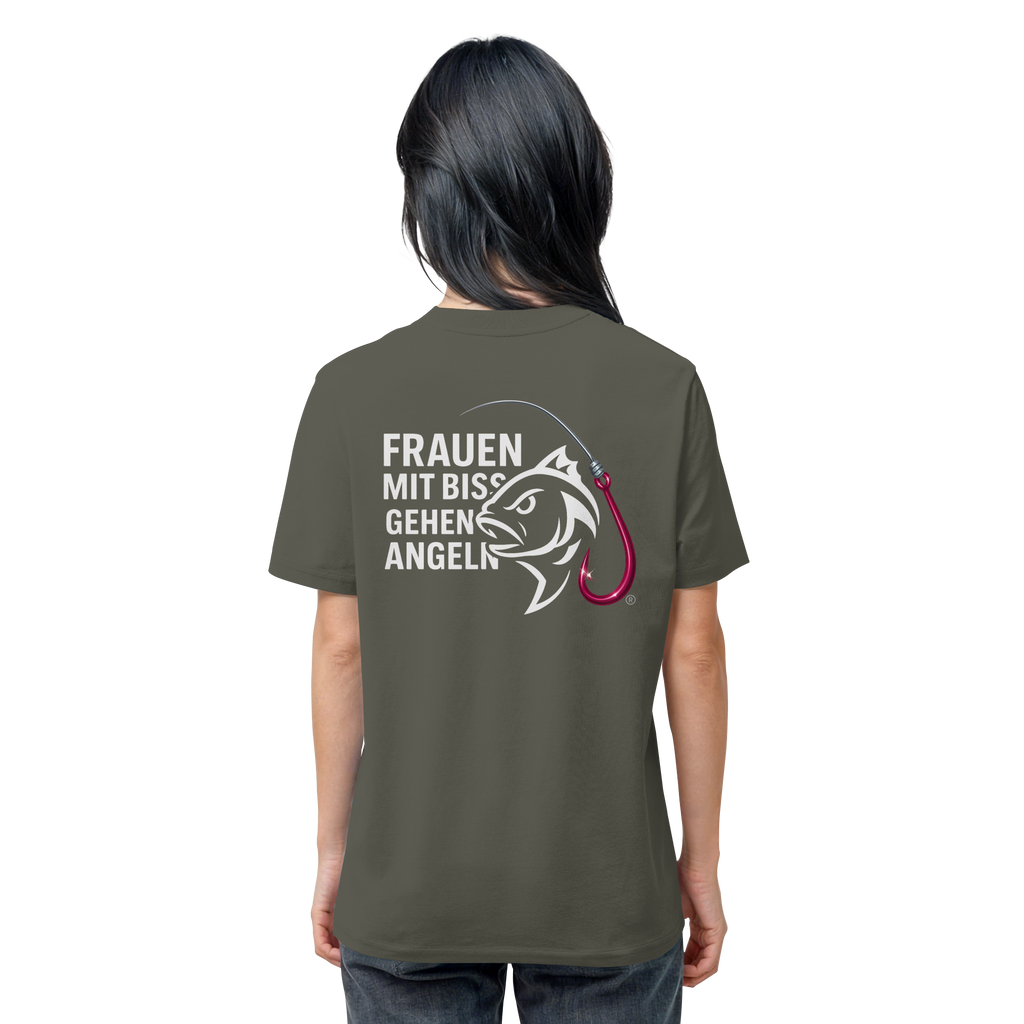 T-Shirt für starke Frauen "Frauen mit Biss, gehen angeln" Vorne/hinten Druck  - Organic Shirt