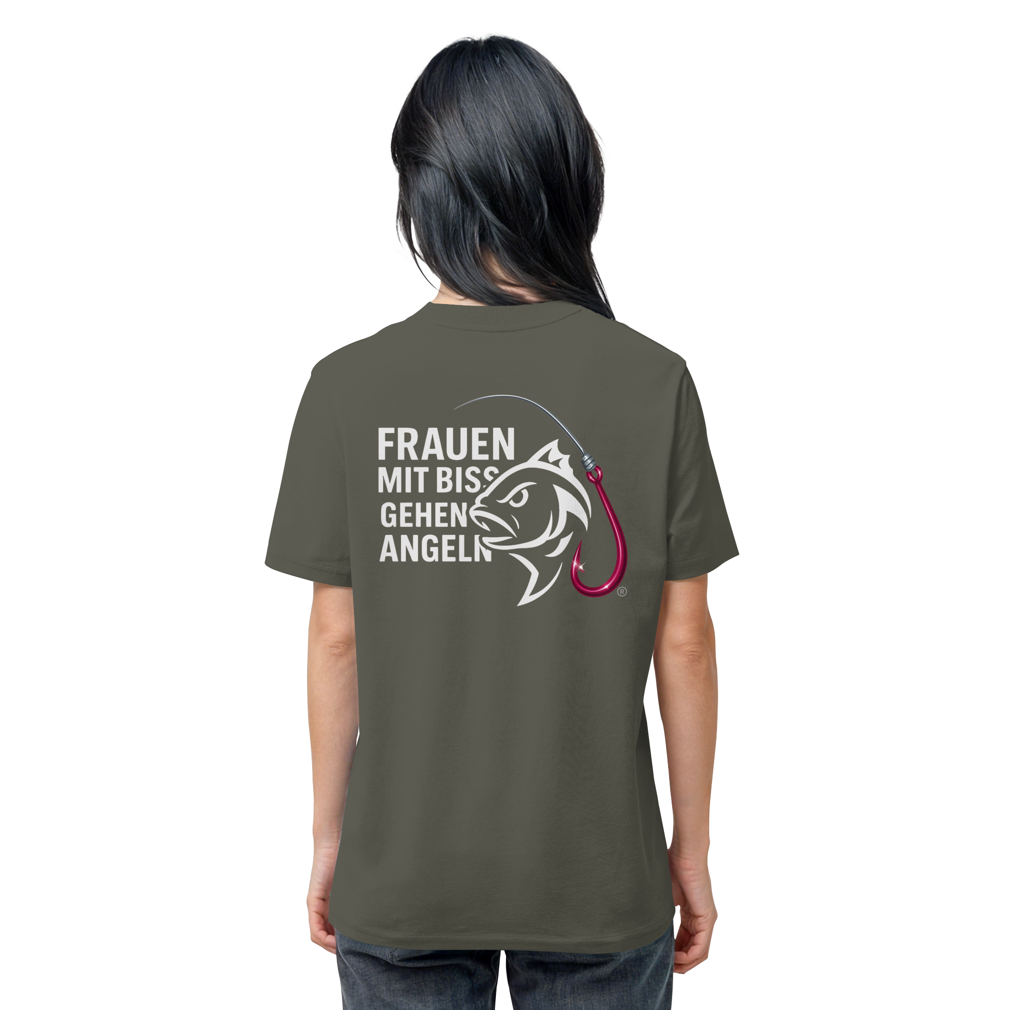 T-Shirt für starke Frauen "Frauen mit Biss, gehen angeln" Vorne/hinten Druck  - Organic Shirt