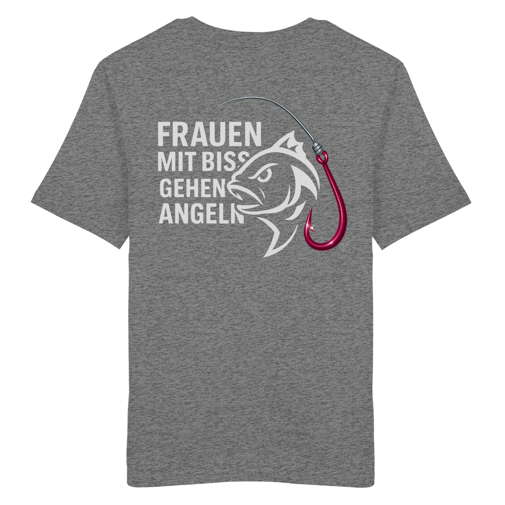 T-Shirt für starke Frauen "Frauen mit Biss, gehen angeln" Vorne/hinten Druck  - Organic Shirt