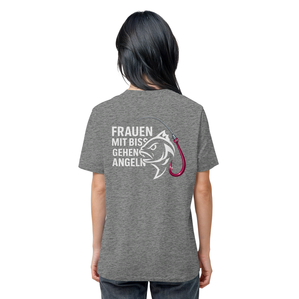 T-Shirt für starke Frauen "Frauen mit Biss, gehen angeln" Vorne/hinten Druck  - Organic Shirt