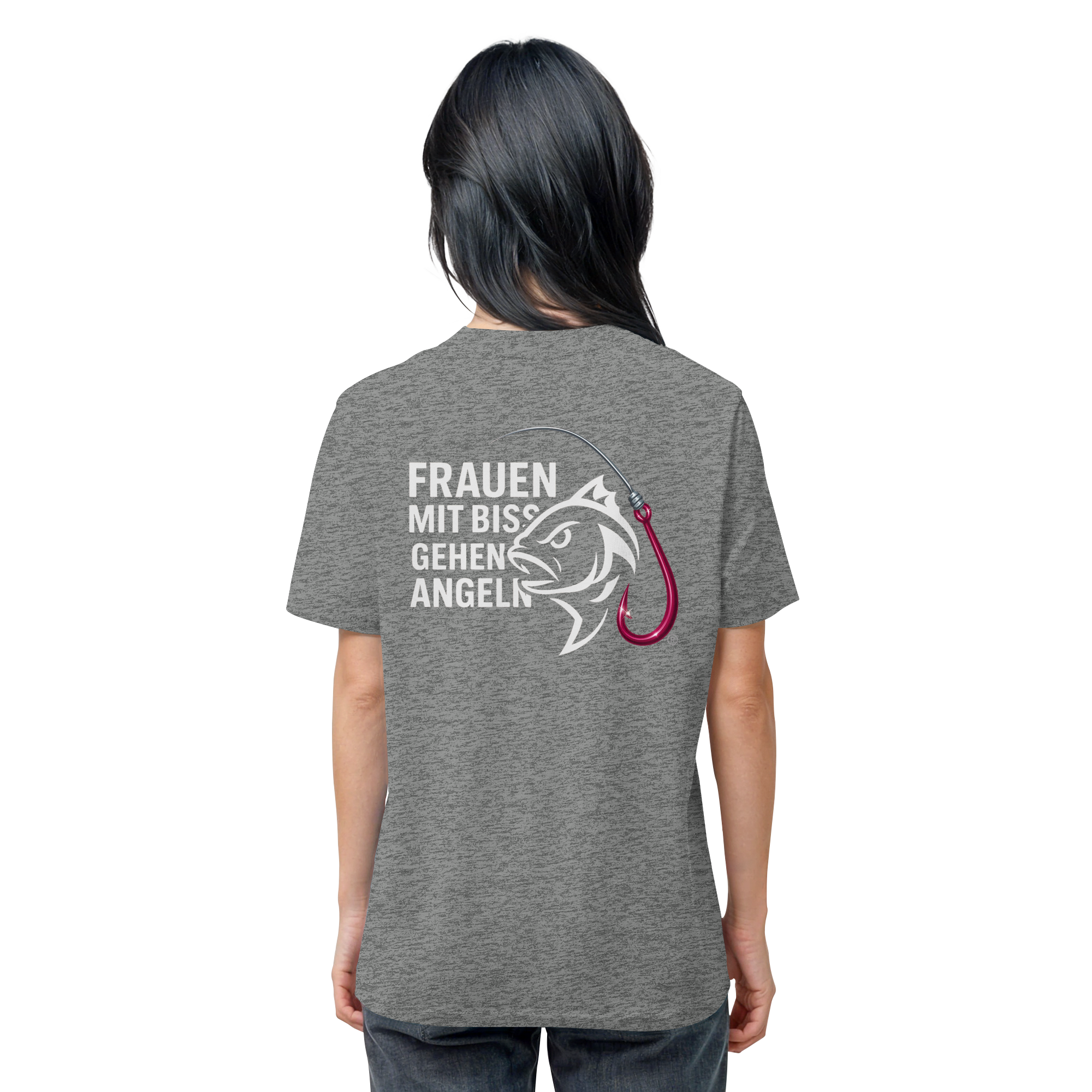 T-Shirt für starke Frauen "Frauen mit Biss, gehen angeln" Vorne/hinten Druck  - Organic Shirt