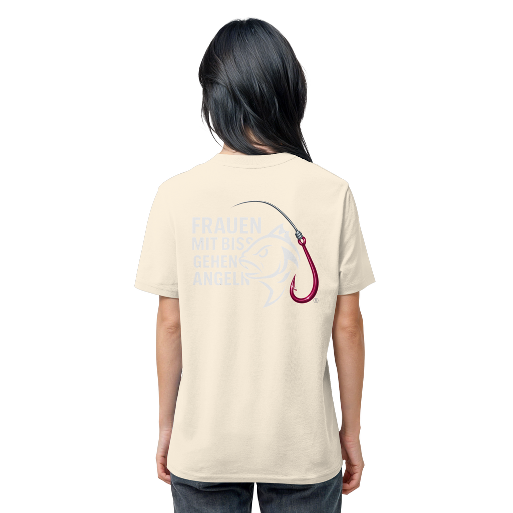 T-Shirt für starke Frauen "Frauen mit Biss, gehen angeln" Vorne/hinten Druck  - Organic Shirt