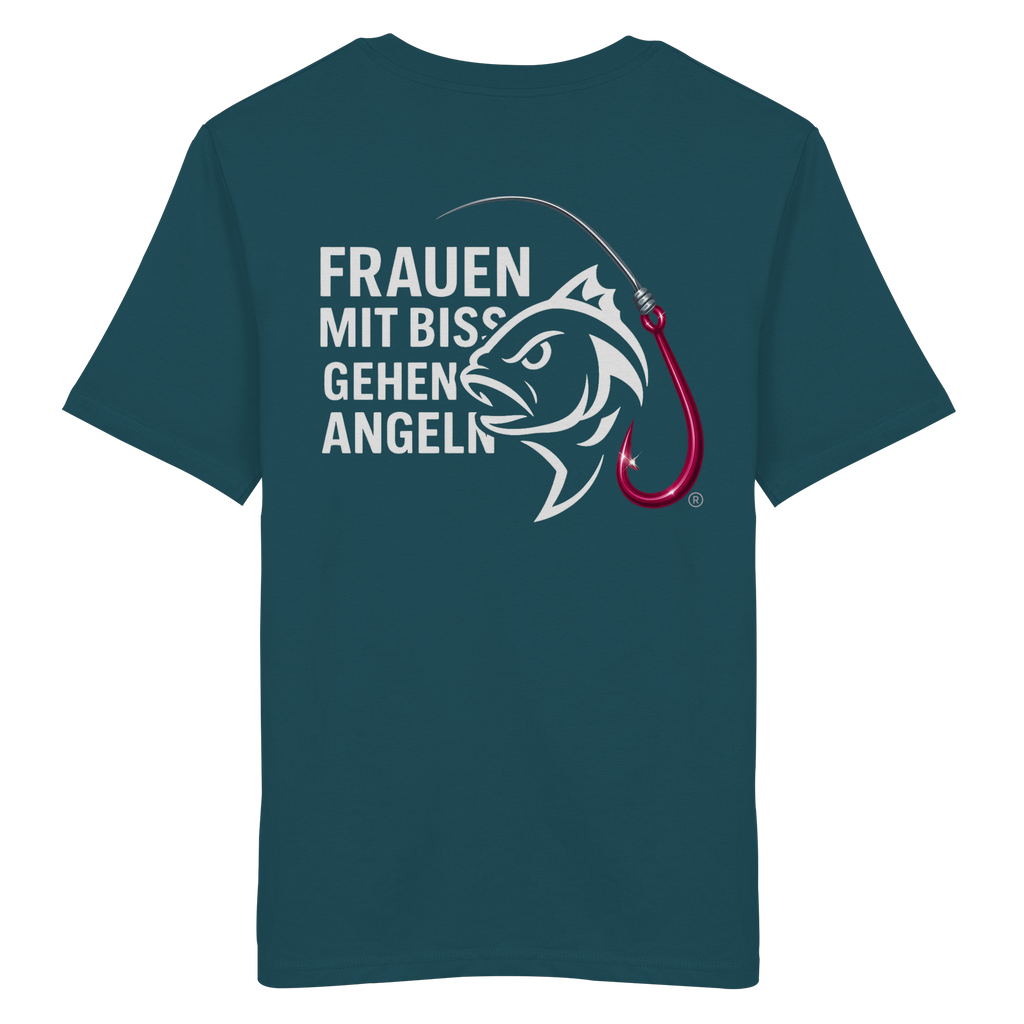 T-Shirt für starke Frauen "Frauen mit Biss, gehen angeln" Vorne/hinten Druck  - Organic Shirt