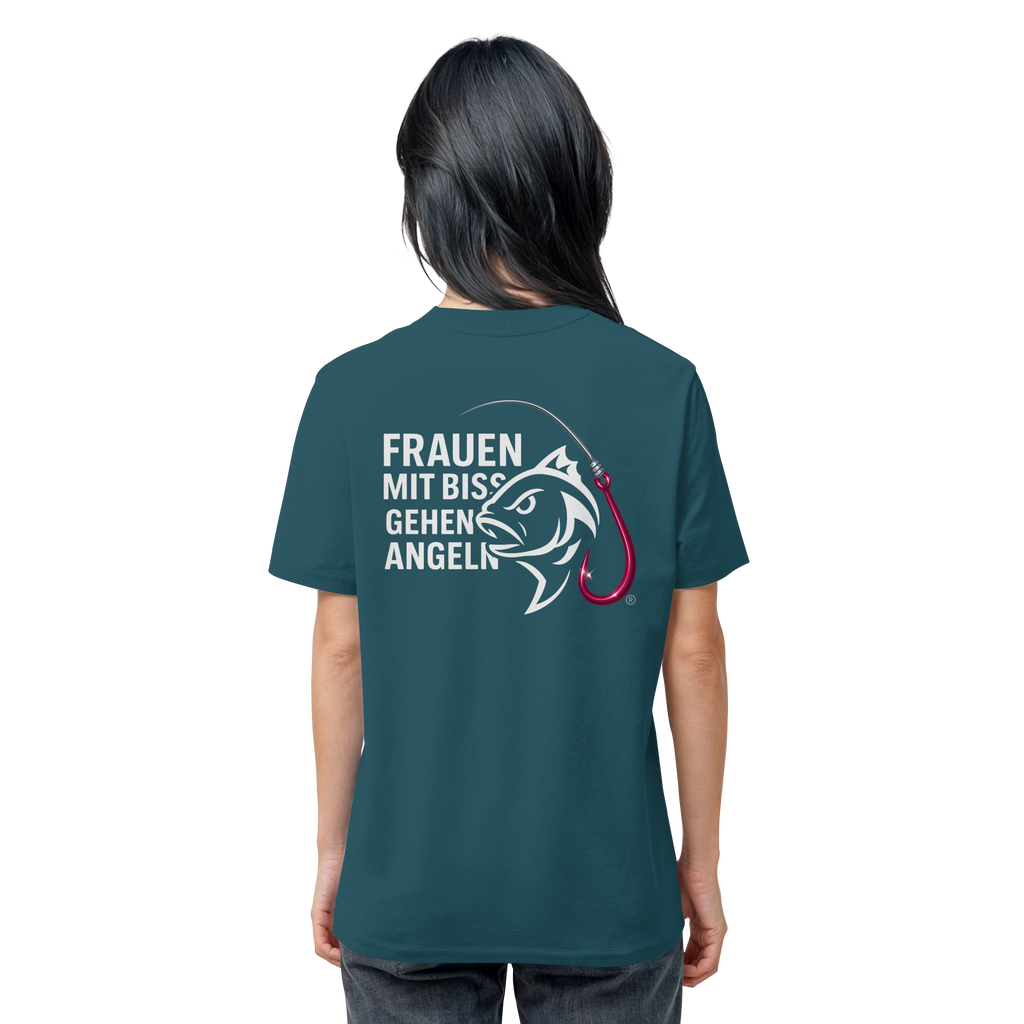 T-Shirt für starke Frauen "Frauen mit Biss, gehen angeln" Vorne/hinten Druck  - Organic Shirt