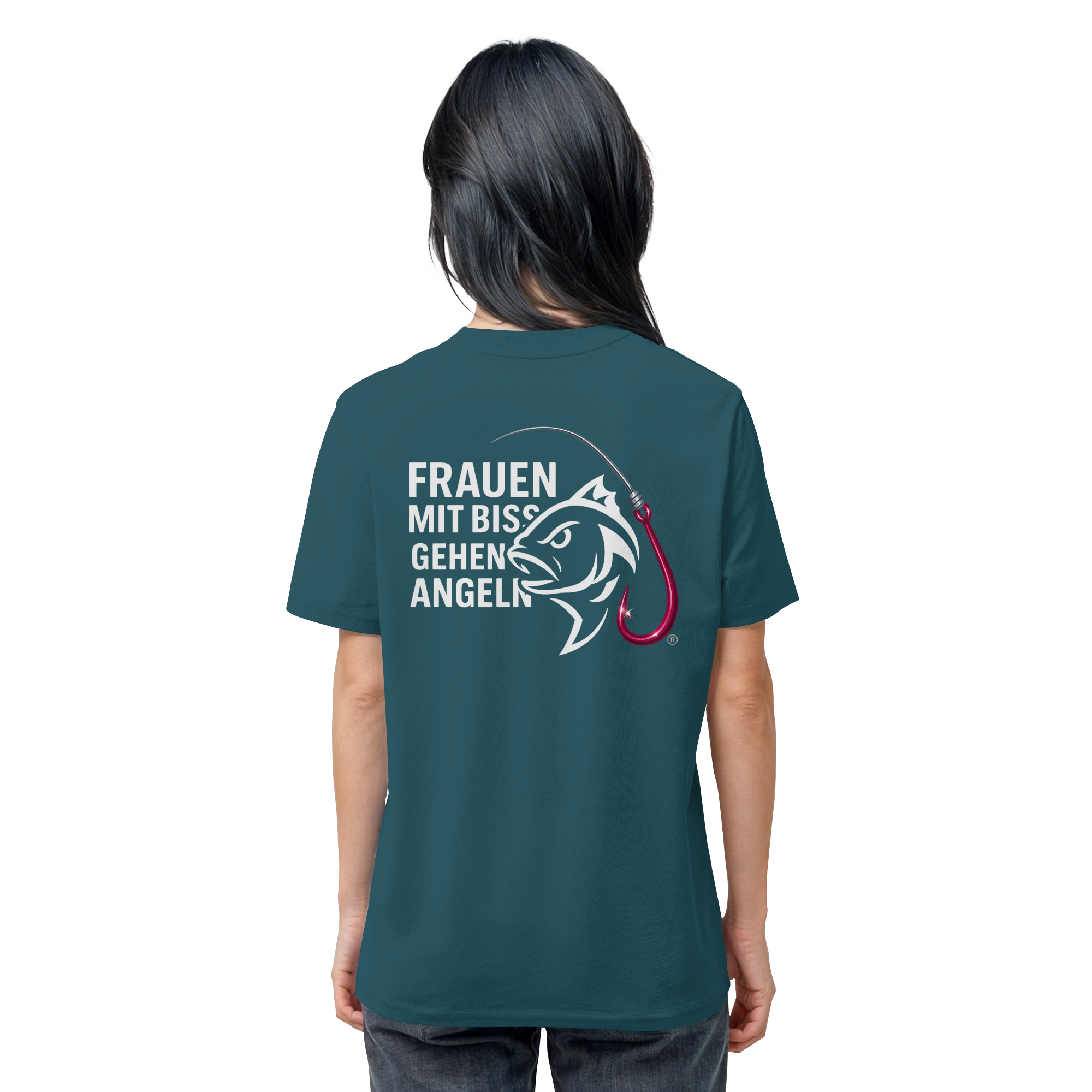 T-Shirt für starke Frauen "Frauen mit Biss, gehen angeln" Vorne/hinten Druck  - Organic Shirt
