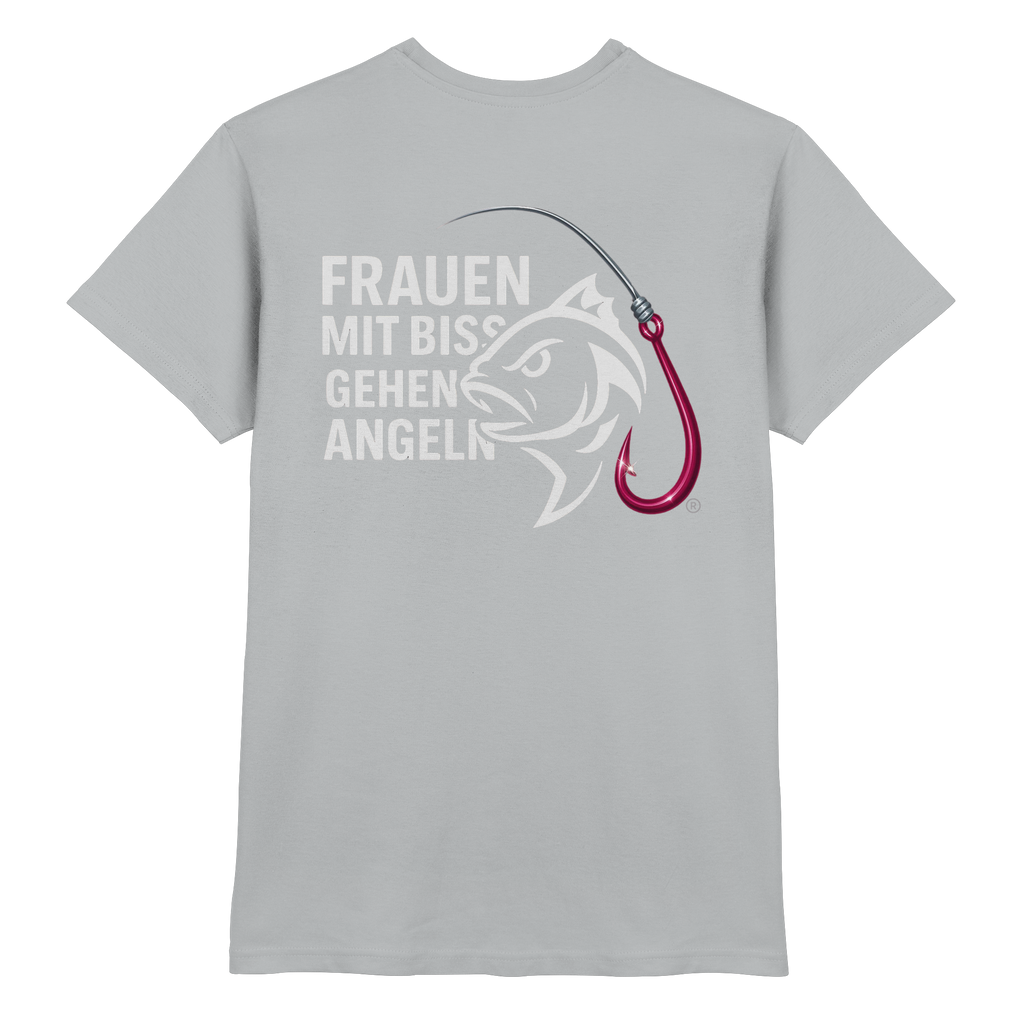 T-Shirt für starke Frauen "Frauen mit Biss, gehen angeln" Vorne/hinten Druck  - Premium Shirt