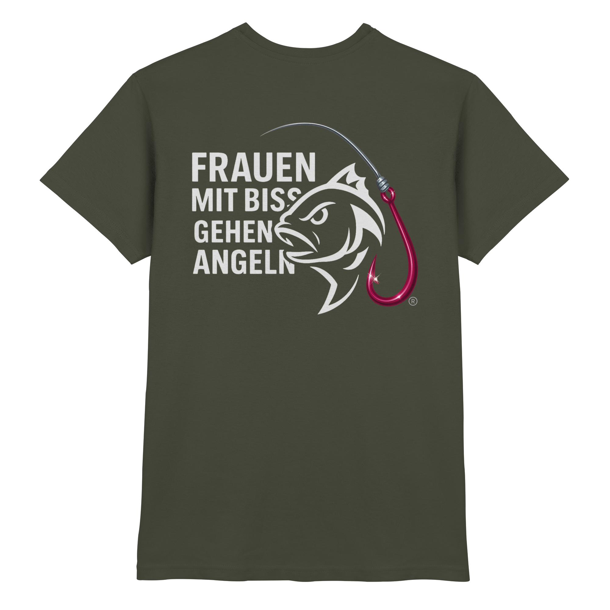 T-Shirt für starke Frauen "Frauen mit Biss, gehen angeln" Vorne/hinten Druck  - Premium Shirt
