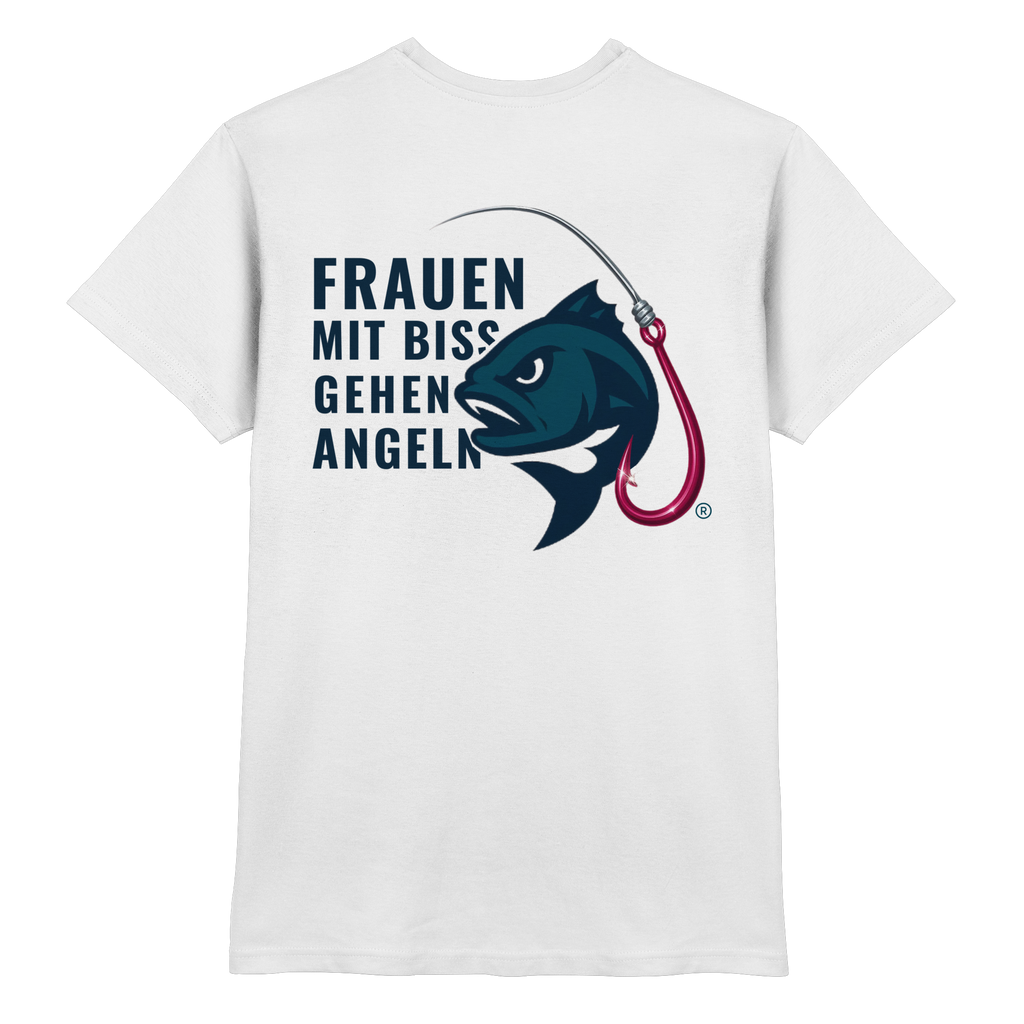 T-Shirt für starke Frauen "Frauen mit Biss, gehen angeln" Vorne/hinten Druck - Premium Shirt