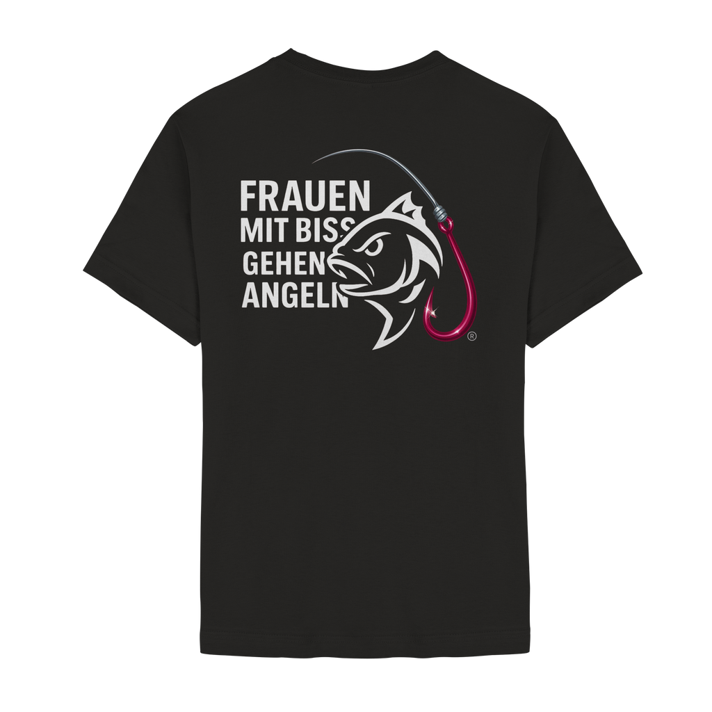 T-Shirt für starke Frauen "Frauen mit Biss, gehen angeln" Vorne/hinten Druck  - Unisex Essential Premium T-Shirt