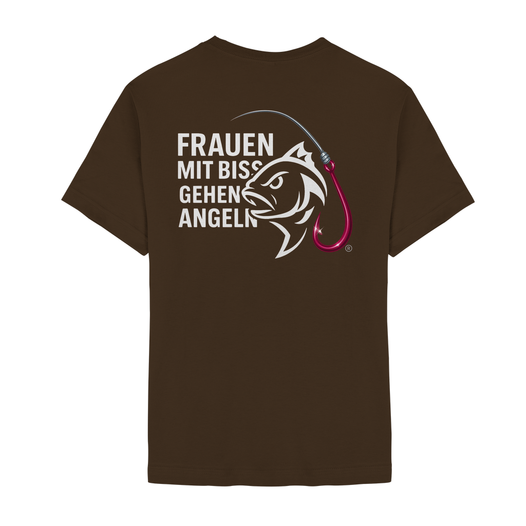 T-Shirt für starke Frauen "Frauen mit Biss, gehen angeln" Vorne/hinten Druck  - Unisex Essential Premium T-Shirt