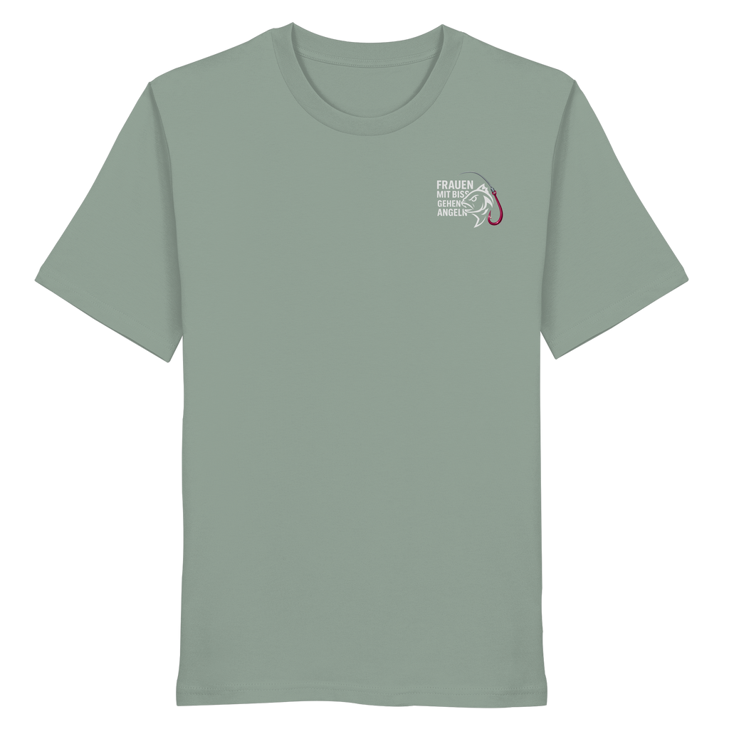 T-Shirt für starke Frauen "Frauen mit Biss, gehen angeln" Vorne/hinten Druck  - Organic Shirt