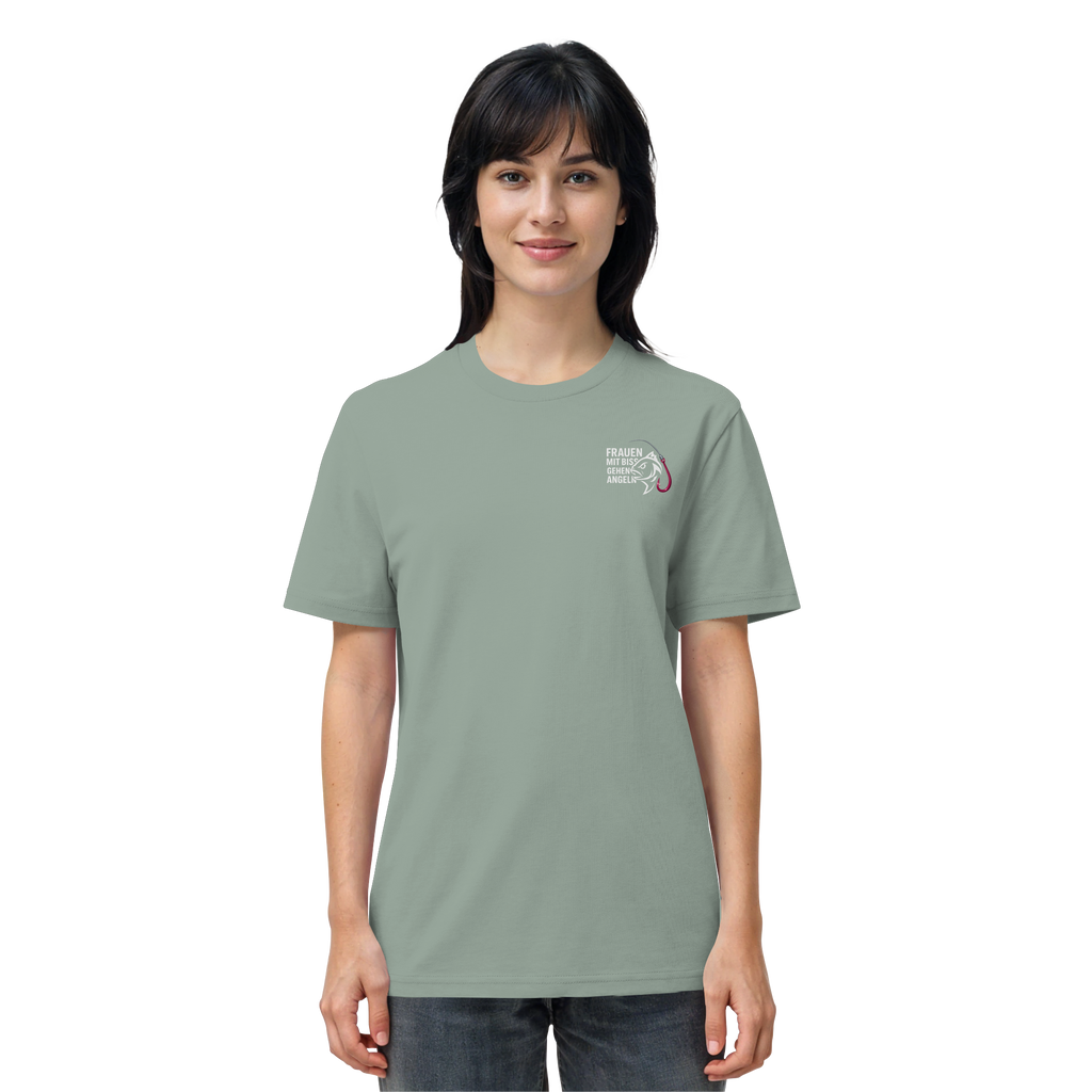 T-Shirt für starke Frauen "Frauen mit Biss, gehen angeln" Vorne/hinten Druck  - Organic Shirt