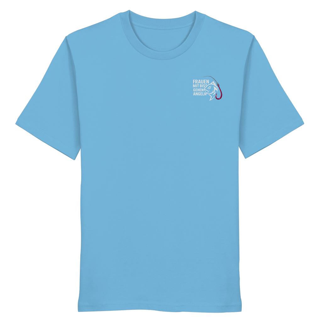 T-Shirt für starke Frauen "Frauen mit Biss, gehen angeln" Vorne/hinten Druck  - Organic Shirt