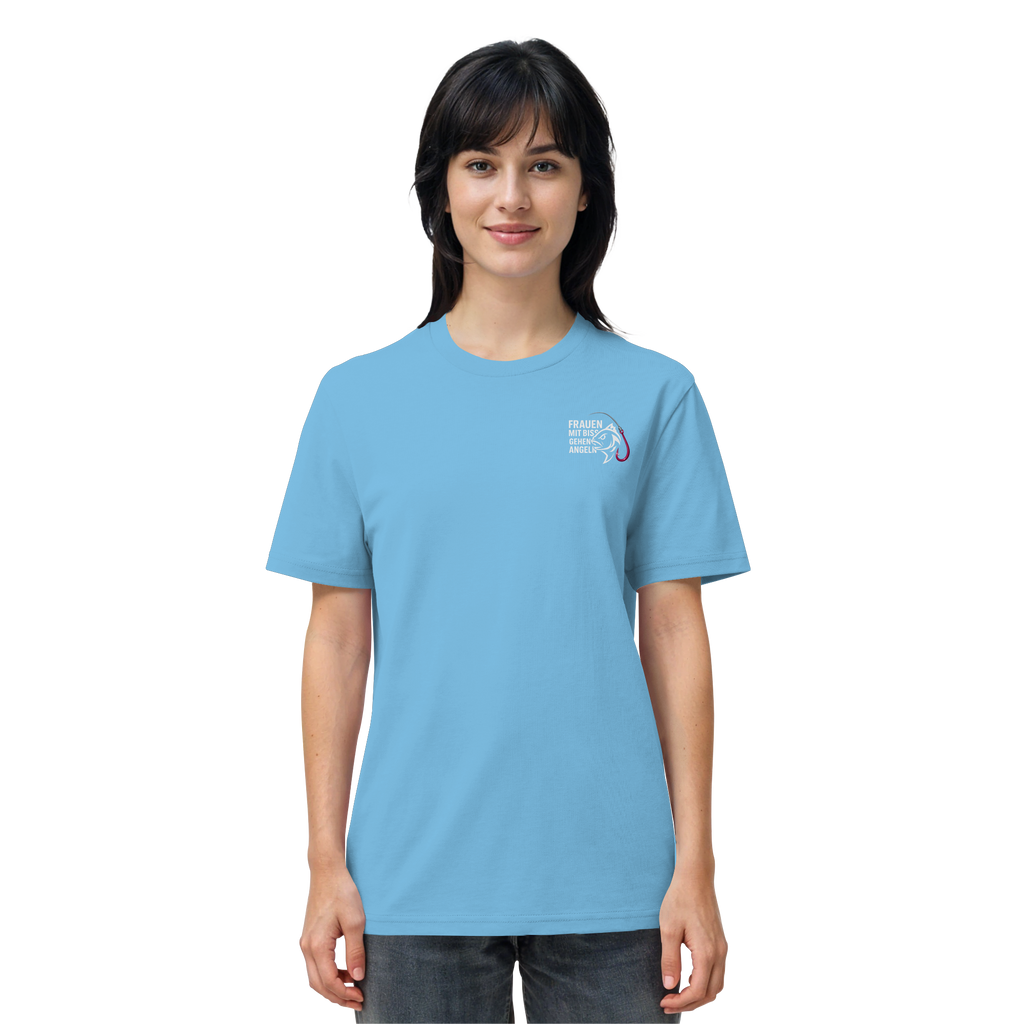 T-Shirt für starke Frauen "Frauen mit Biss, gehen angeln" Vorne/hinten Druck  - Organic Shirt