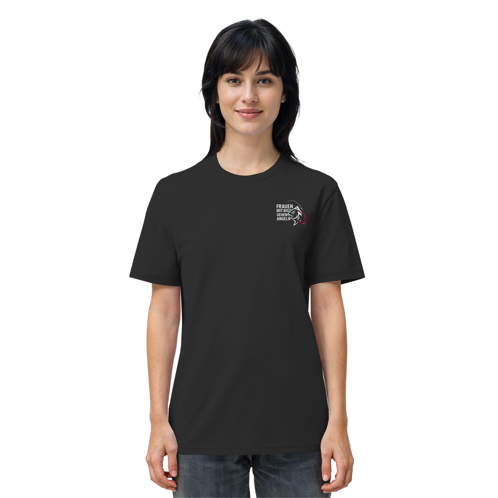 T-Shirt für starke Frauen "Frauen mit Biss, gehen angeln" Vorne/hinten Druck  - Organic Shirt