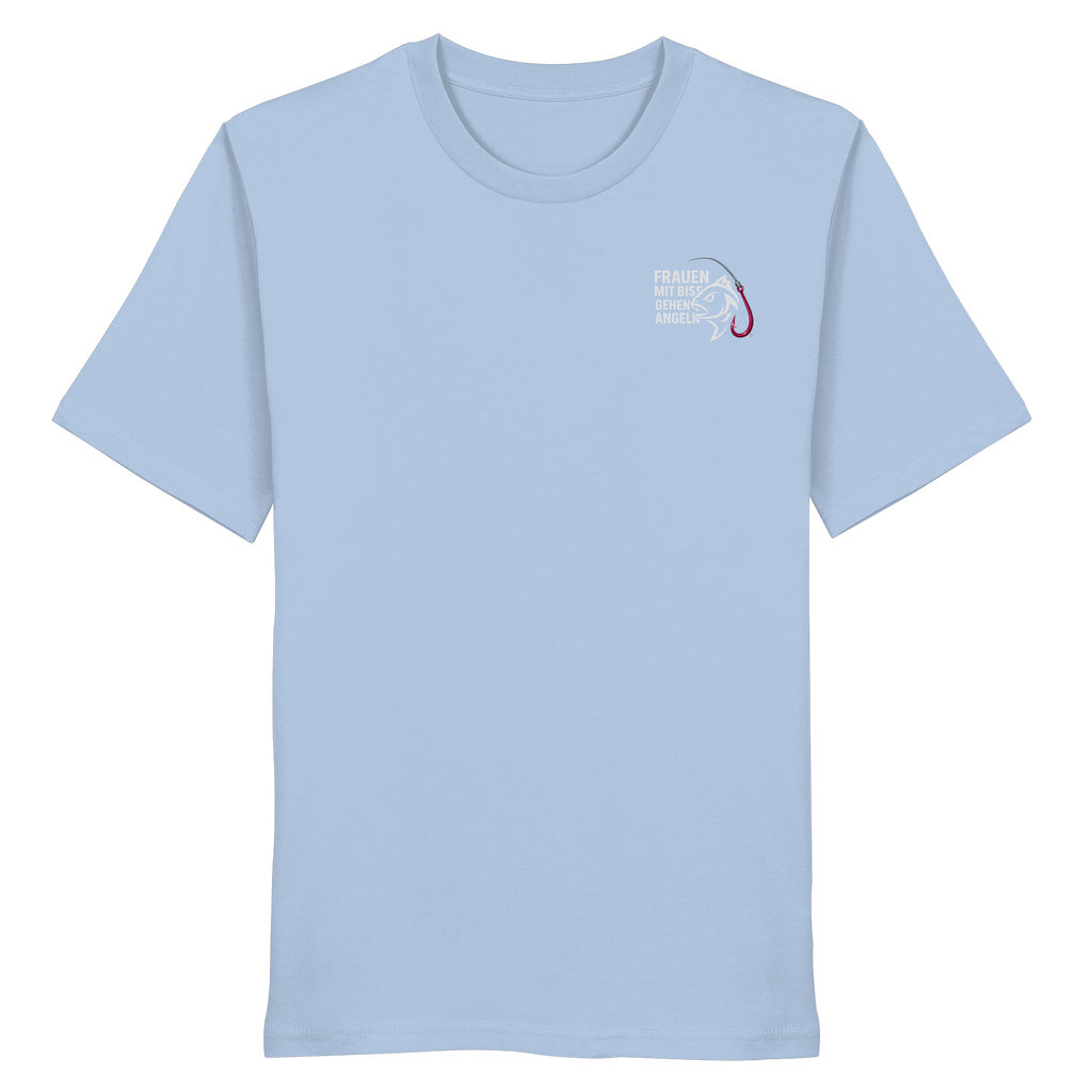 T-Shirt für starke Frauen "Frauen mit Biss, gehen angeln" Vorne/hinten Druck  - Organic Shirt