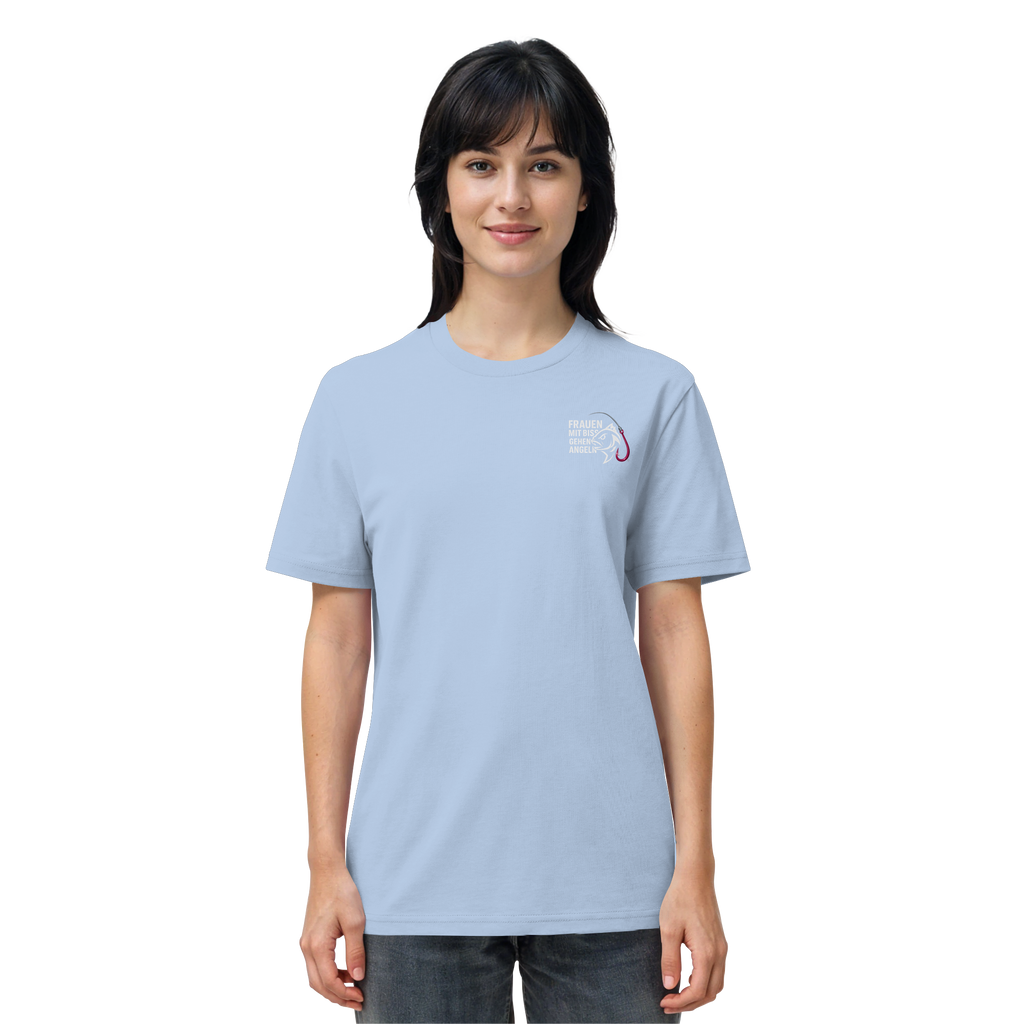 T-Shirt für starke Frauen "Frauen mit Biss, gehen angeln" Vorne/hinten Druck  - Organic Shirt