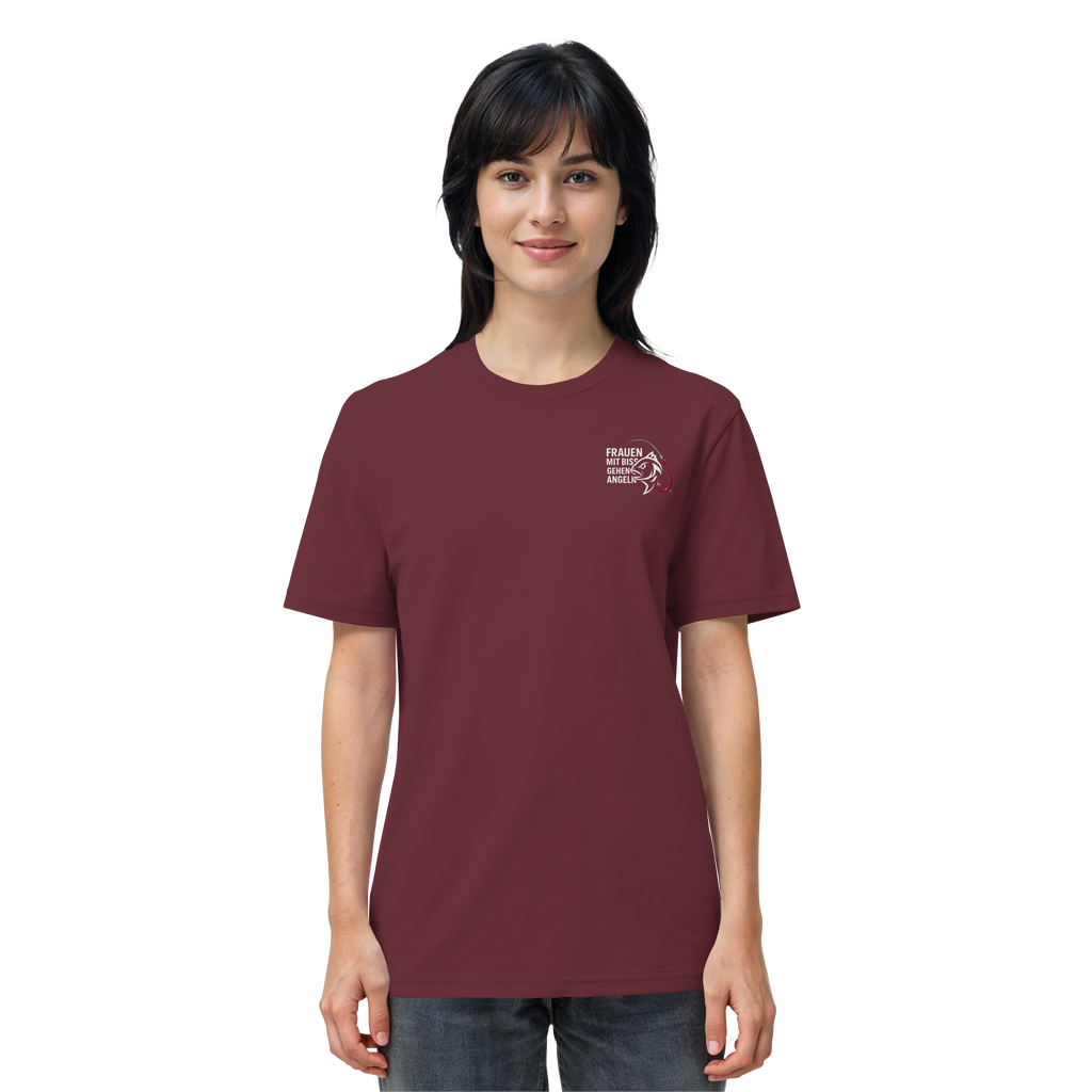 T-Shirt für starke Frauen "Frauen mit Biss, gehen angeln" Vorne/hinten Druck  - Organic Shirt