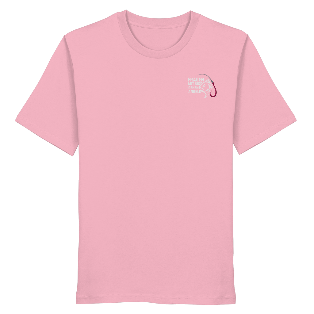 T-Shirt für starke Frauen "Frauen mit Biss, gehen angeln" Vorne/hinten Druck  - Organic Shirt